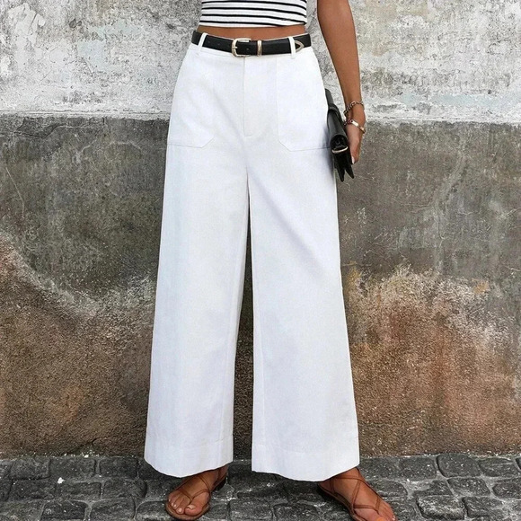 White Casual Women's High-Waisted Wide Leg Pants With Pockets - Picture 6 of 6